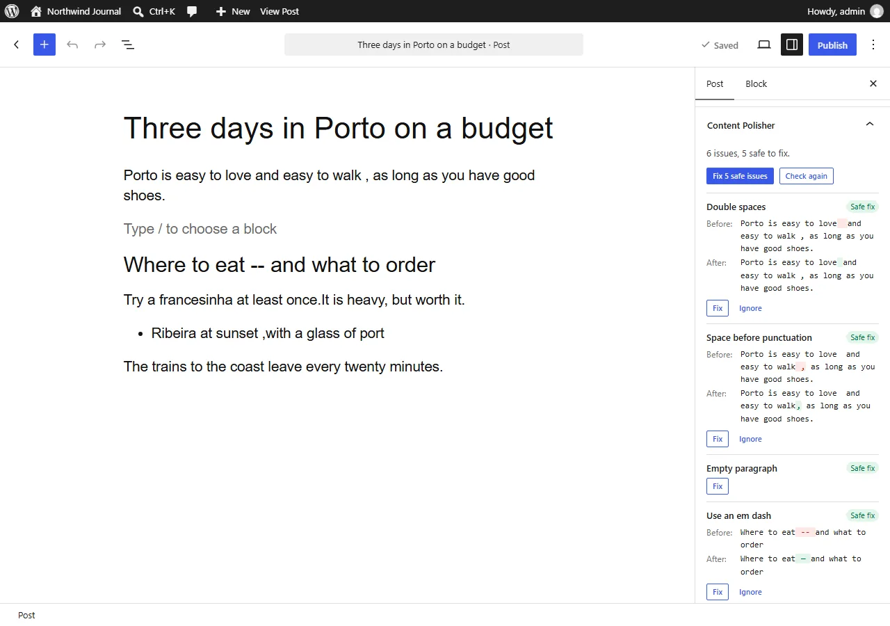 The Content Polisher panel in the block editor sidebar, listing issues of the post being edited