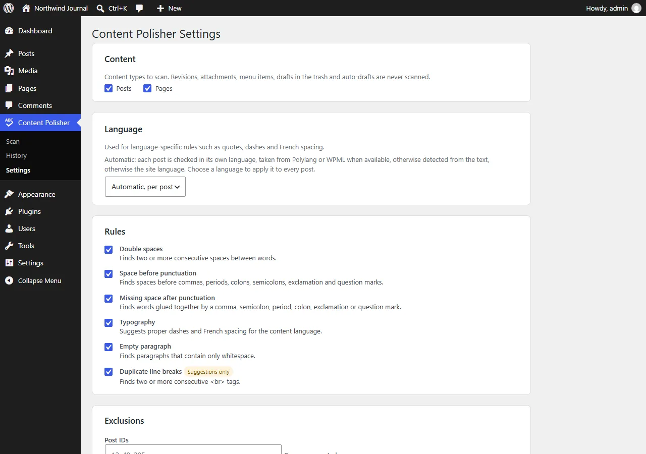 Content Polisher settings page