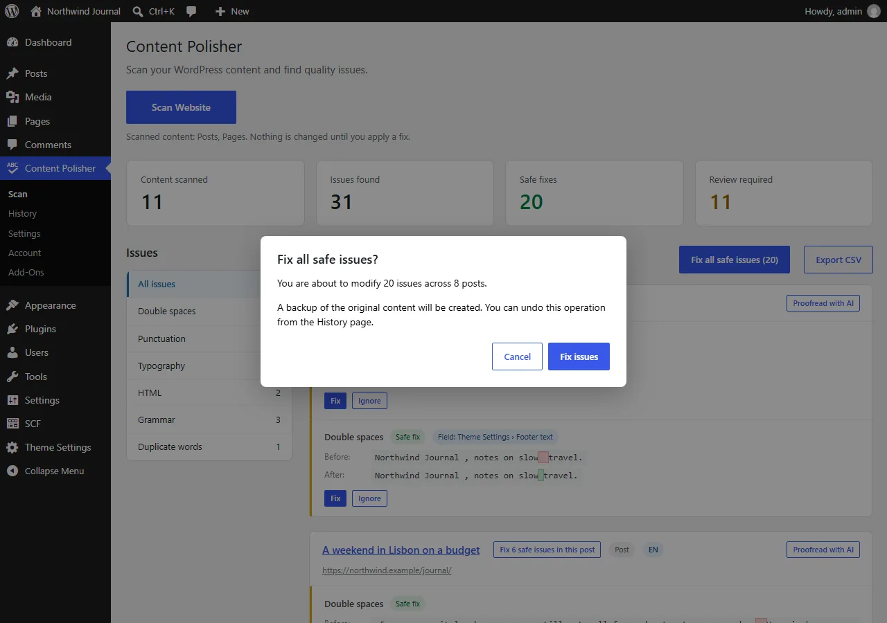 Confirmation dialog: Fix all safe issues, 20 issues across 8 posts, can be undone from History