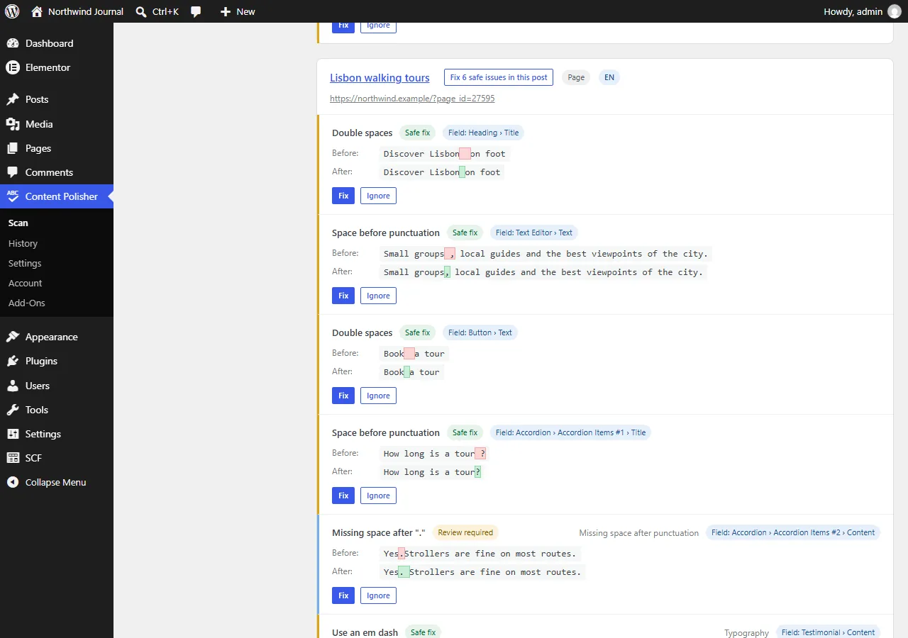 Scan results for an Elementor page, each issue labelled with its widget and setting